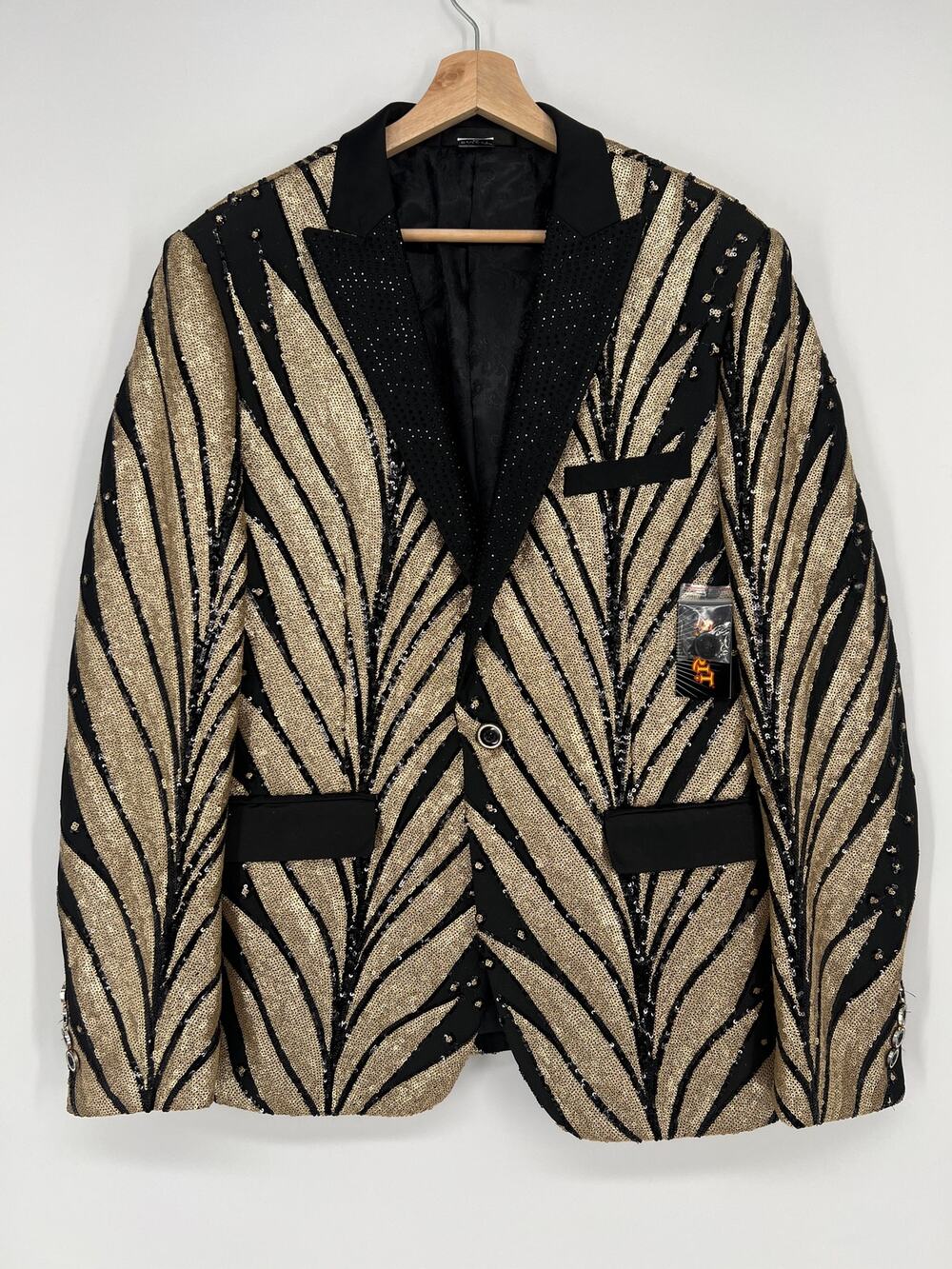 Spirit Halloween Sequin Tuxedo Blazer Jacket Mens XL Gold Black Sports Coat NEW